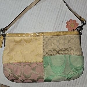 Coach Patchwork Poppy  Signature Small Wristlet in Pastel Yellow, Pink & Mint